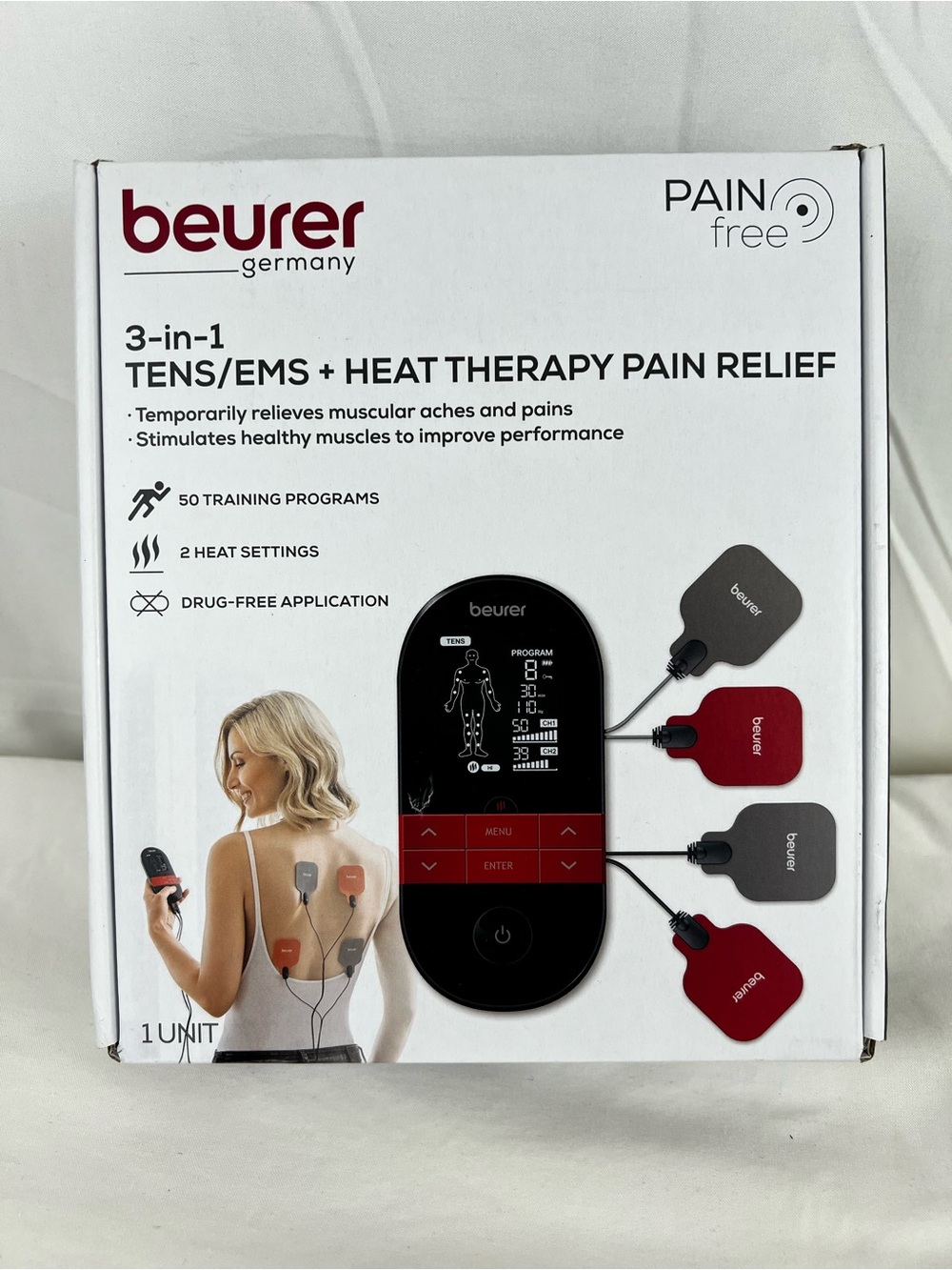 3-in-1 TENS/EMS + Heat Therapy Pain Relief Device - Red & Gray